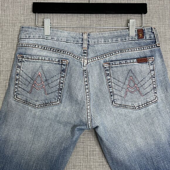 7 Seven For All Mankind Jeans Womens 30 Blue Pink Stitching A Pocket Flare Y2K - Picture 9 of 12